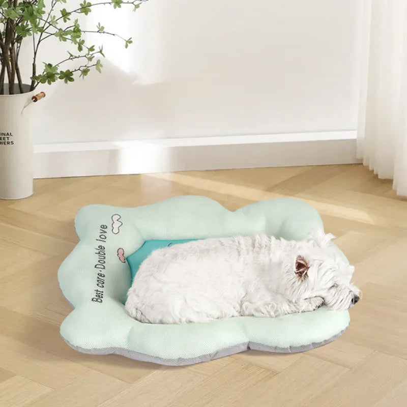 Green PVC pet cooling mat for dogs and cats showing four size options: S, M, L, and XL.
