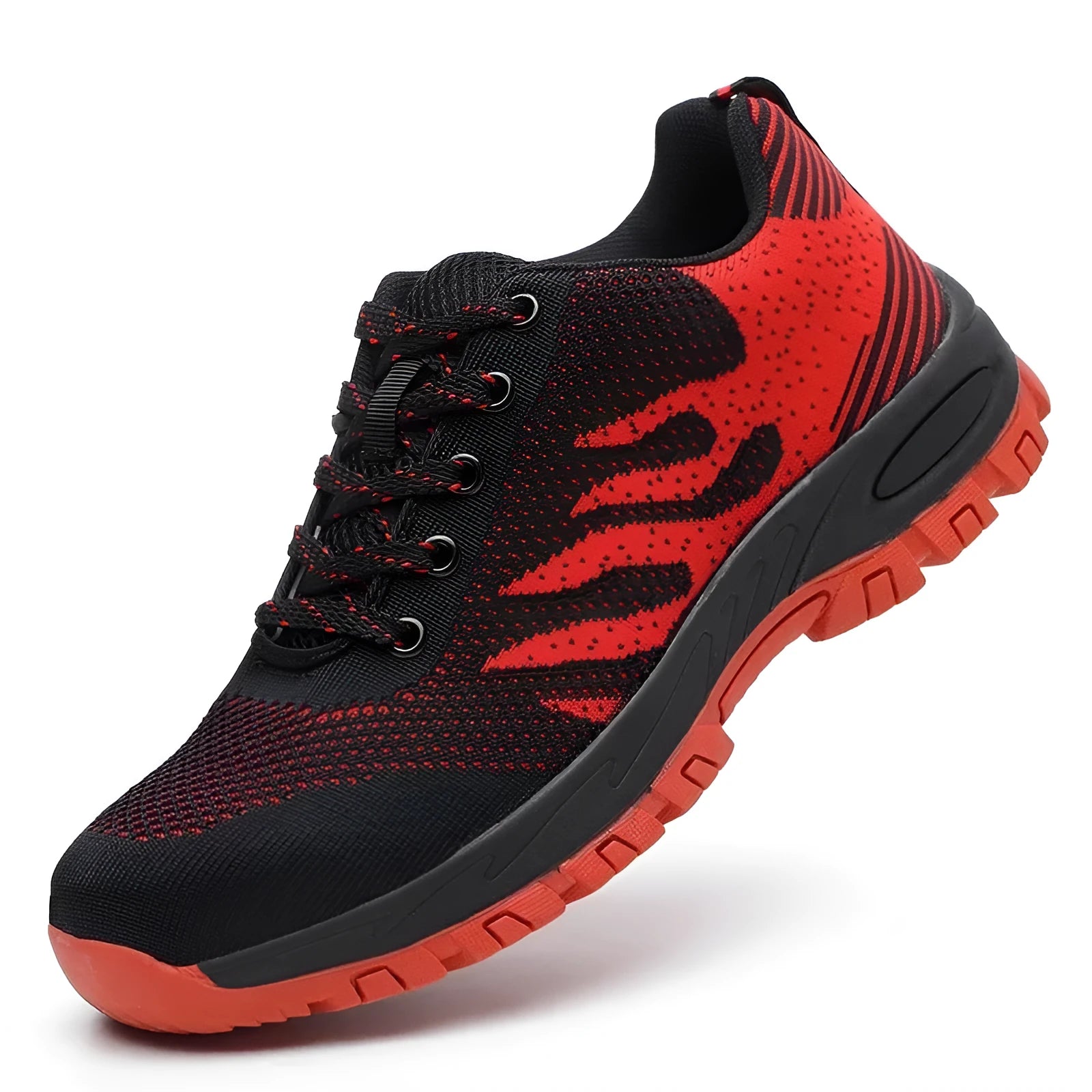 Red summer safety shoes with steel toe caps and breathable mesh upper in low-top design