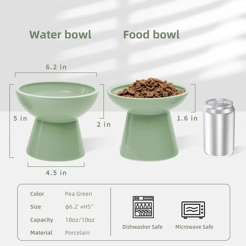 Elevated ceramic cat bowl set with wide shallow dish in blue green pink white colour options