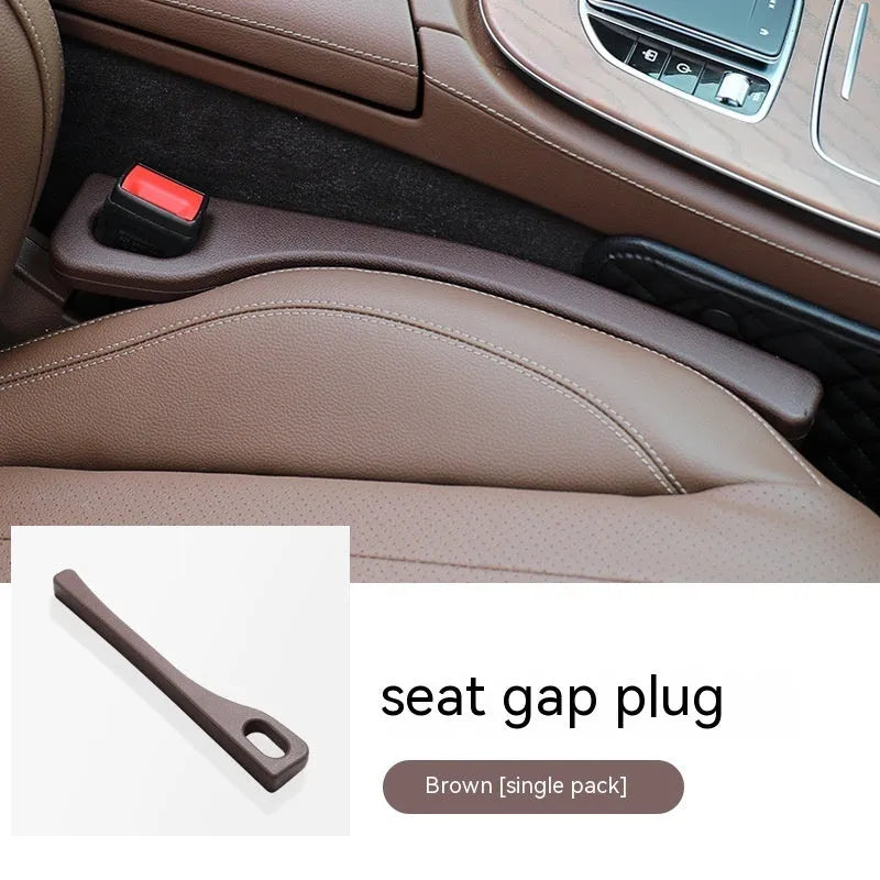 Flexible polyurethane car seat gap filler strips in black, brown, red, and beige colours with installation rod.