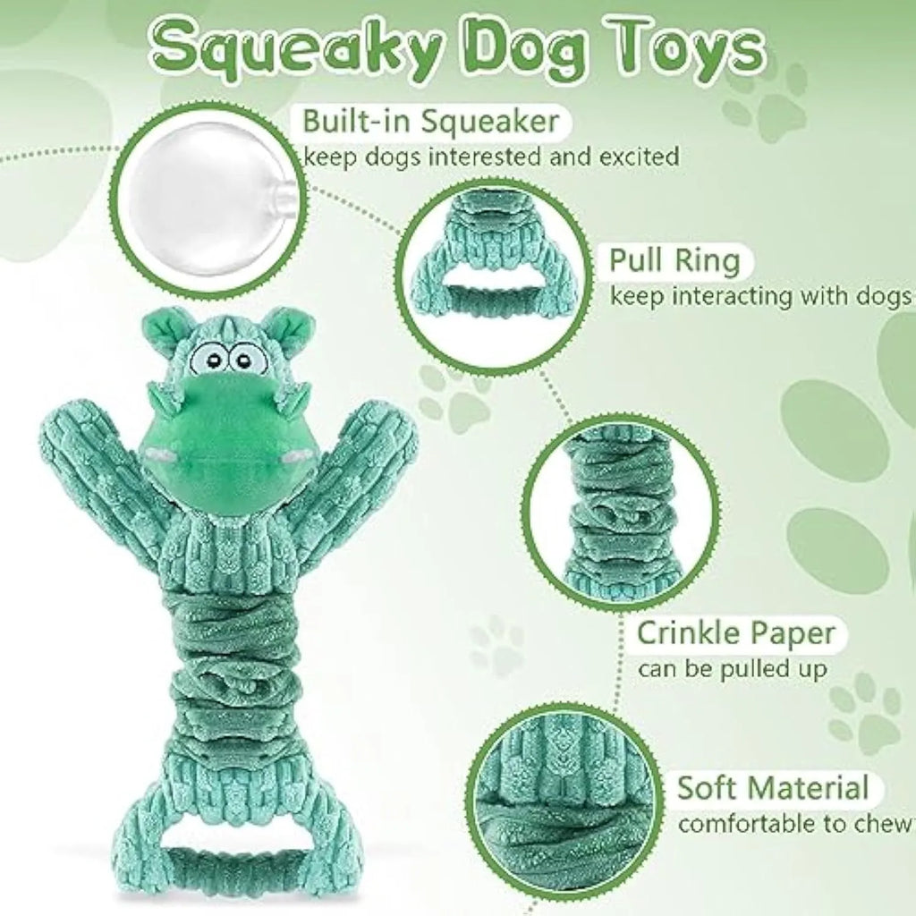 Large plush dog toy with handle, available as hippo or monkey character