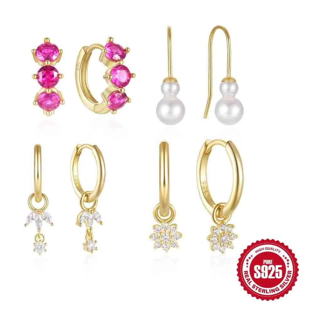 S925 sterling silver women's earrings with geometric sunflower design and golden zircon inlay.