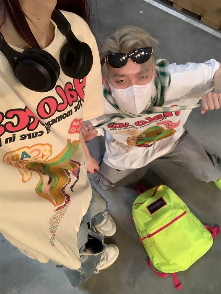 Cotton couple's t-shirt with cartoon hamburger dog print in short sleeve round neck style
