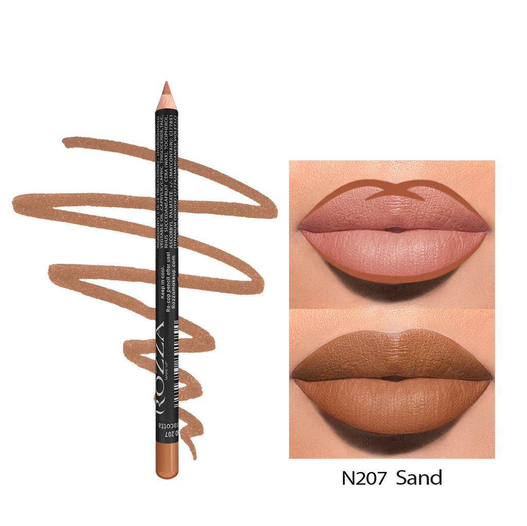 Matte finish lip liner pencil in a wooden case with shade numbers 201 to 214 shown