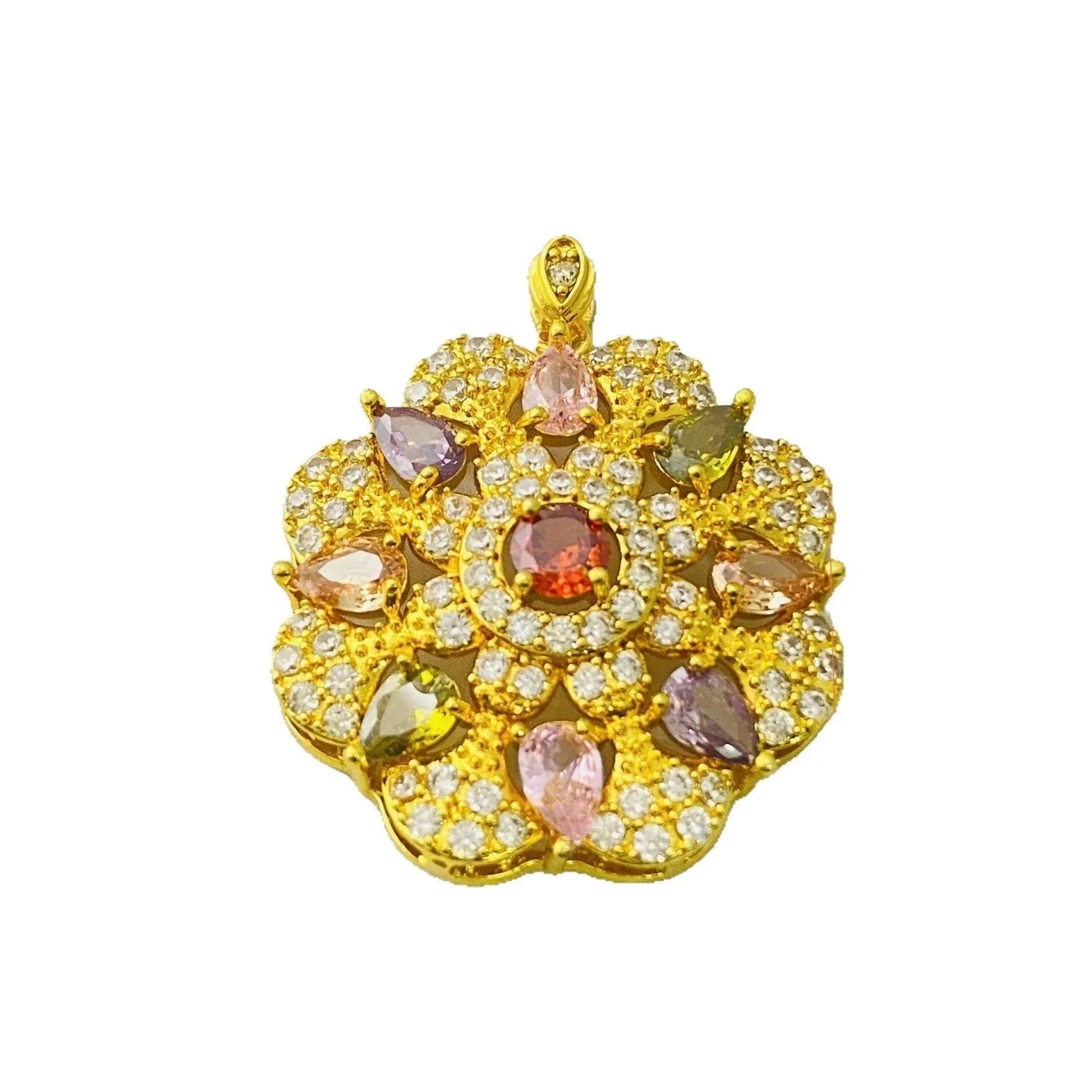 Women's zircon flower pendant necklace showing gold, champagne gold and platinum colour options with and without chain