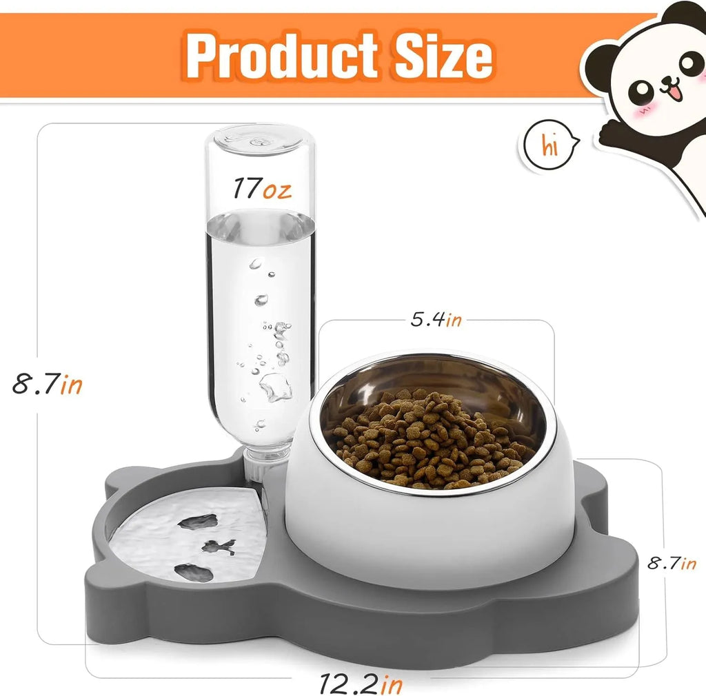 Grey panda-shaped tilted pet bowl set with stainless steel dish and automatic water bottle