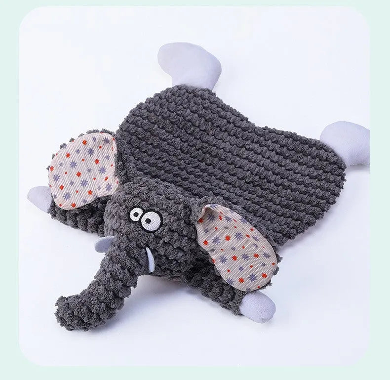Brown stuffed animal fox elephant pet toy with soft velvet exterior for cats and dogs.
