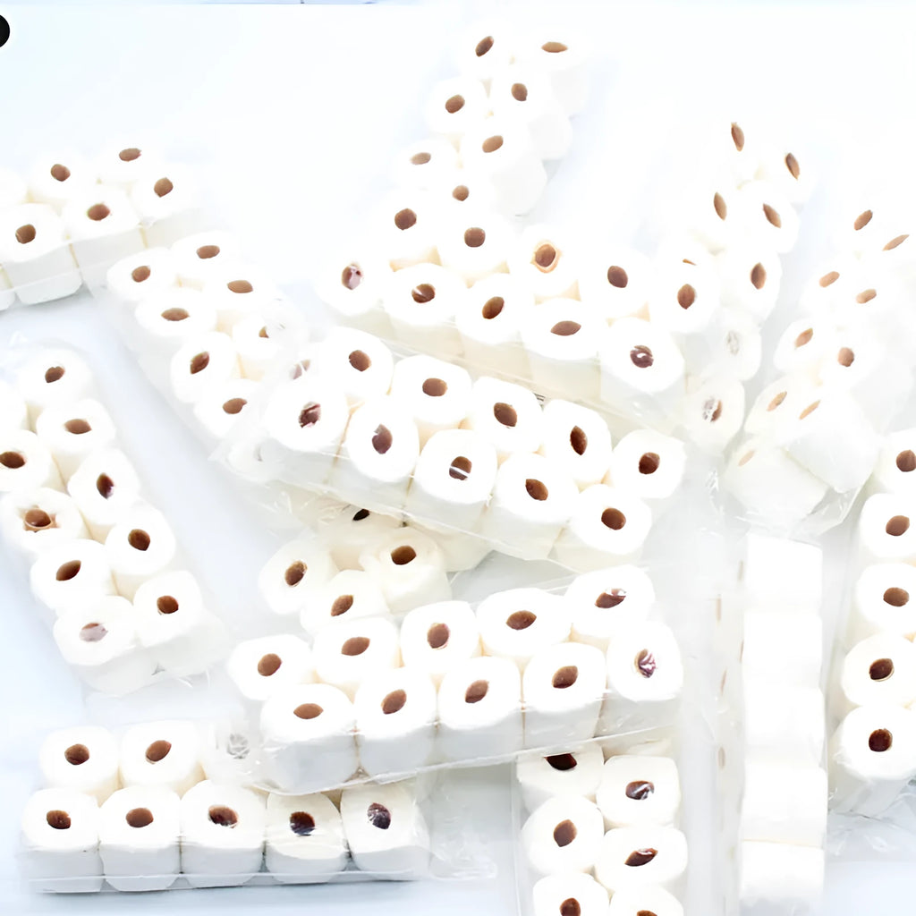 Miniature paper simulated tissue roll model for dollhouse play, measuring 30mm by 15mm by 80mm.