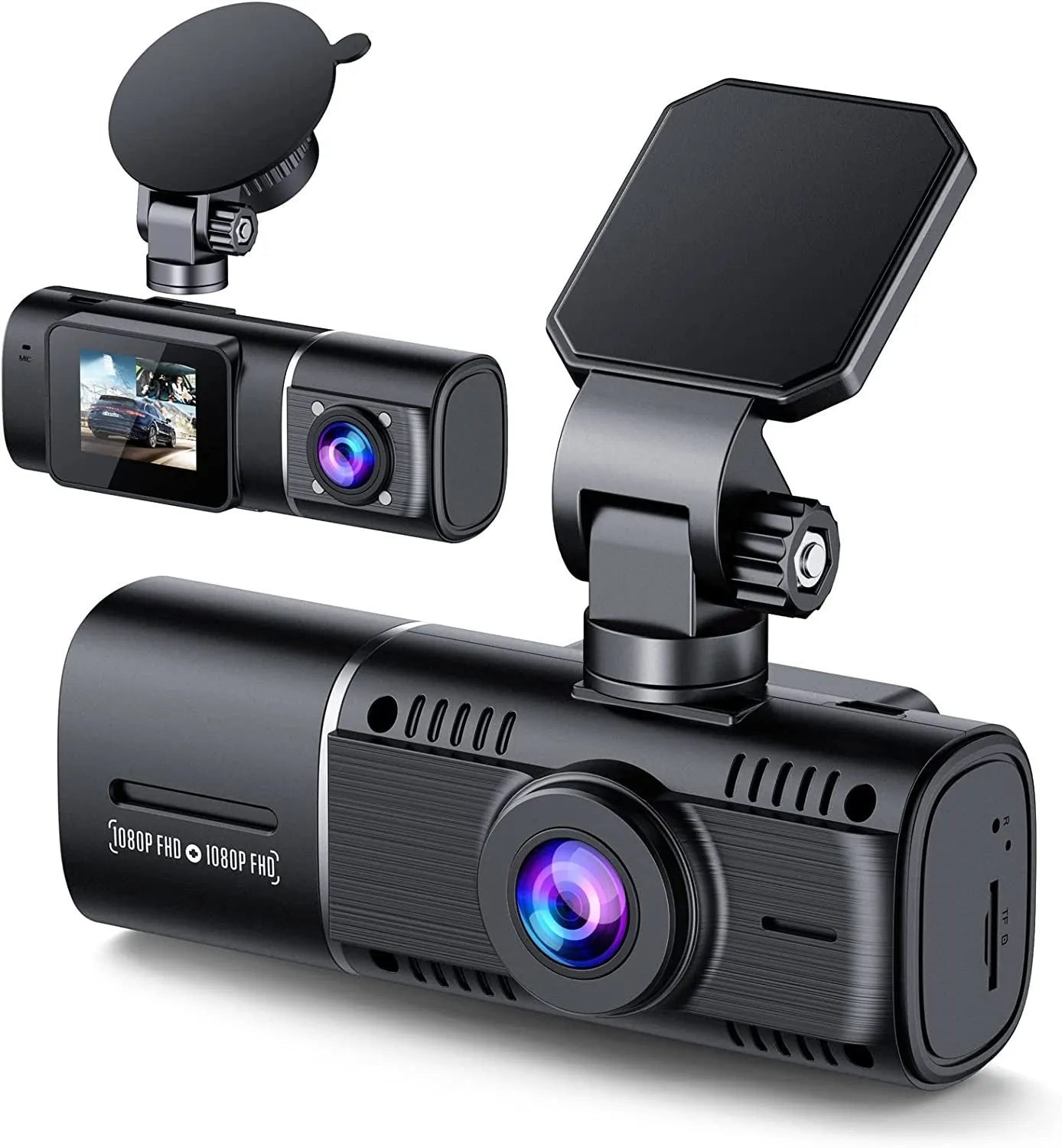 Standard black 1080p dashcam car camera with a 1.5-inch screen, shown with its car charger and mounting stand.