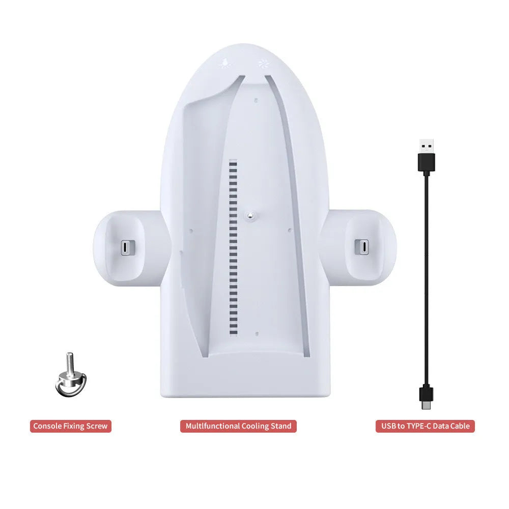 White PS5 Slim charging dock station with RGB lighting, cooling fan and fixed charger belt