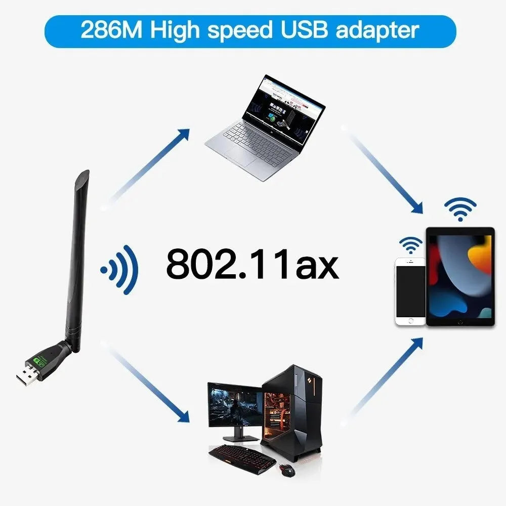 Black USB WiFi 6 wireless network card adapter for desktop PC and laptop connectivity.