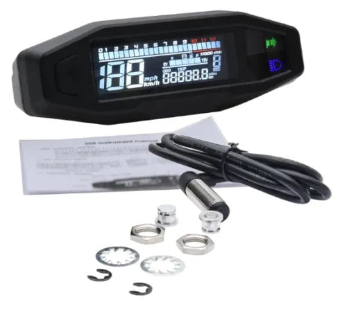 Black motorcycle mini LCD speedometer with backlit display showing digital readouts