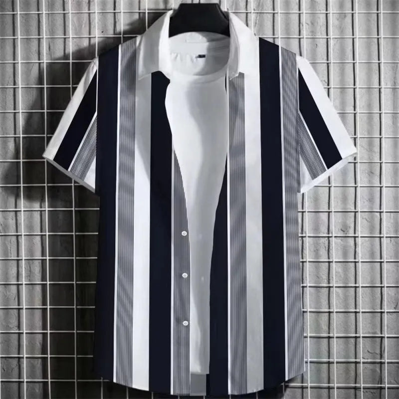 Man wearing a striped linen short sleeve t-shirt with a 3D printed graphic design.