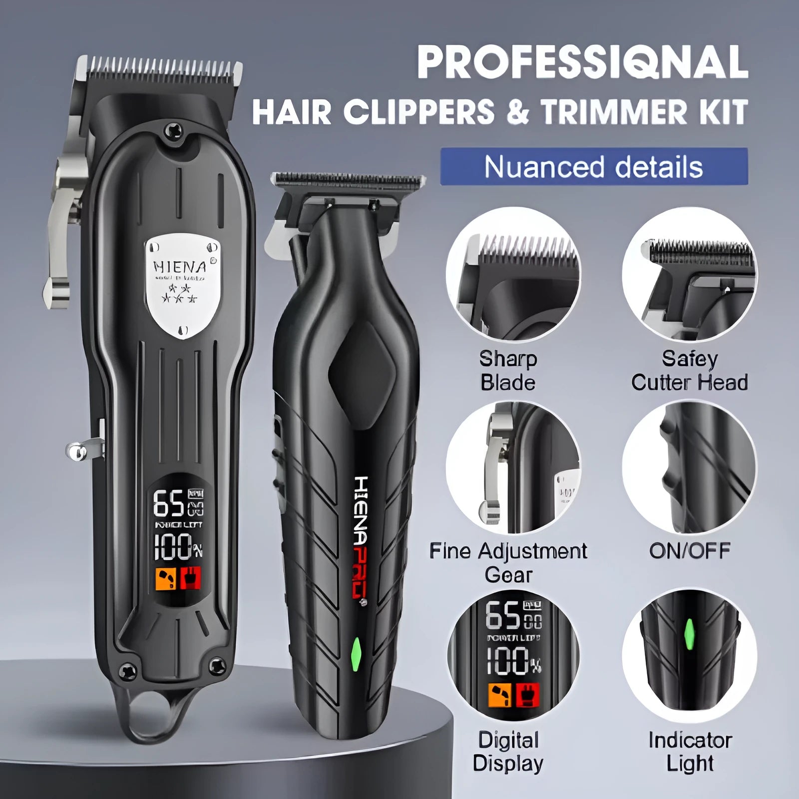 Black professional USB hair clippers with LED display and adjustable length settings.
