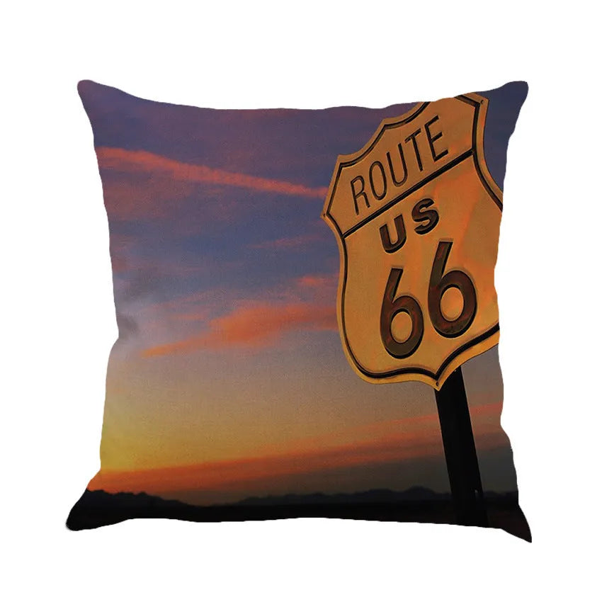 Square linen cushion cover with a US Route 66 landscape road print, shown in a selected colour.
