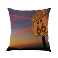 Square linen cushion cover with a US Route 66 landscape road print, shown in a selected colour.