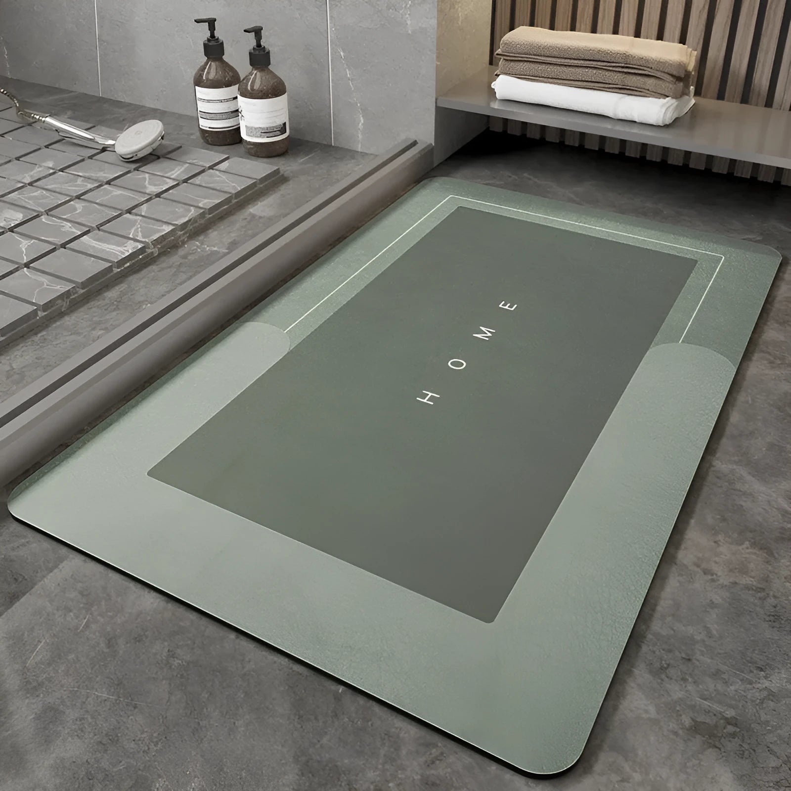 Bathroom floor mat in blue colour, oval shape, showing machine-woven blended texture