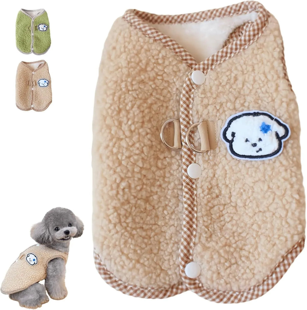 Green coral fleece dog vest with a metal leash ring on the back for a small dog