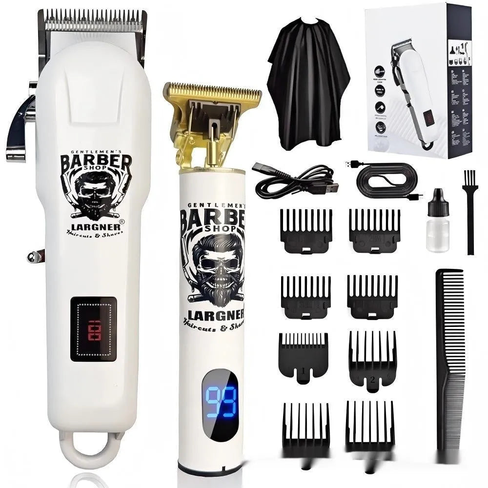 Rechargeable hair clipper with stainless steel cutter head and 4-in-1 attachment kit on a white background.