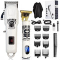 Rechargeable hair clipper with stainless steel cutter head and 4-in-1 attachment kit on a white background.