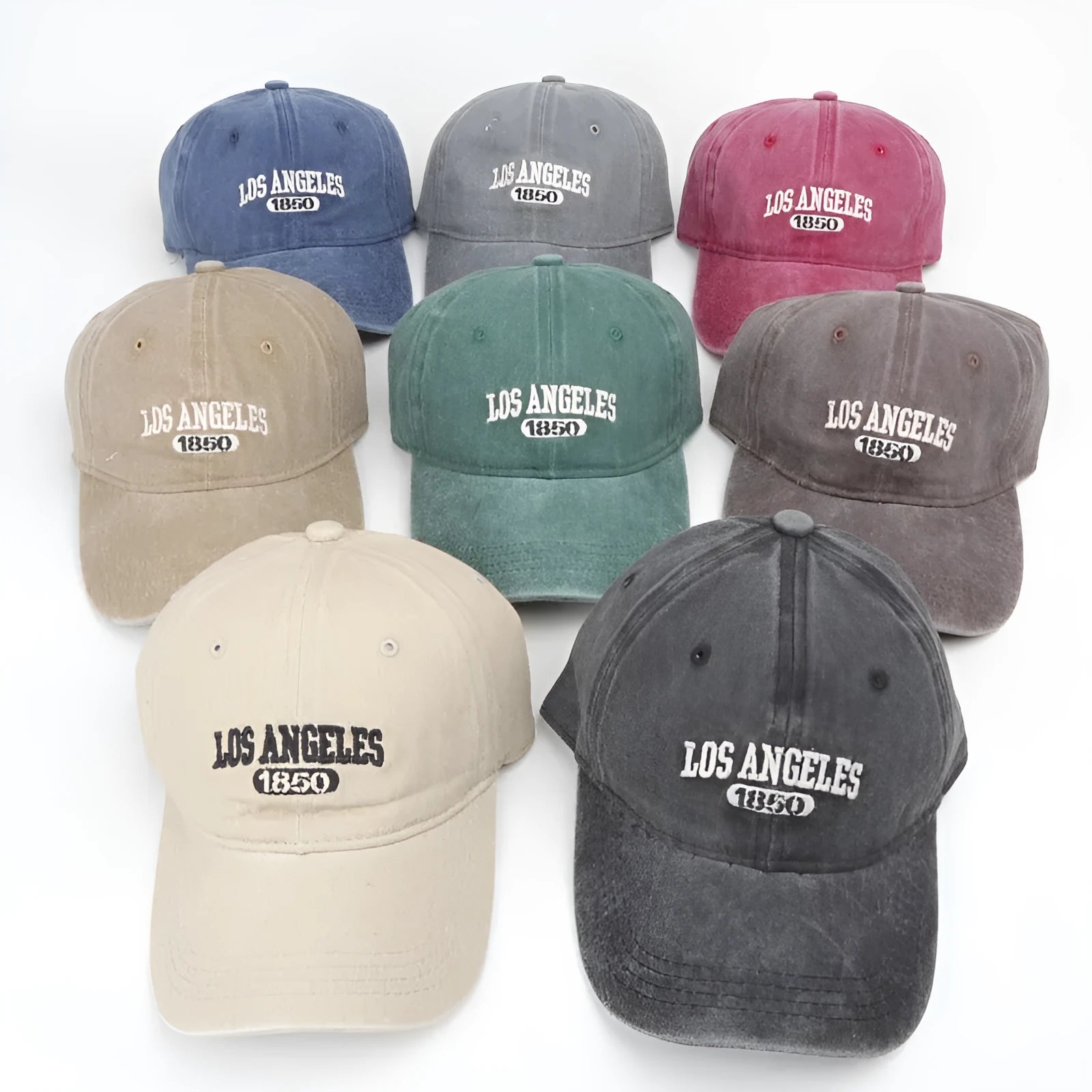 Retro peaked cap with distressed letter embroidery in conical crown style, adjustable 54-59cm fit