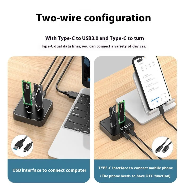 MAIWO K3016 M2 solid state hard disk dock and cloner unit with USB cables and power adapter
