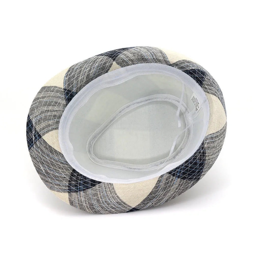 Casual blue polyester sun hat with a bell-shaped crown and medium brim for sun protection.