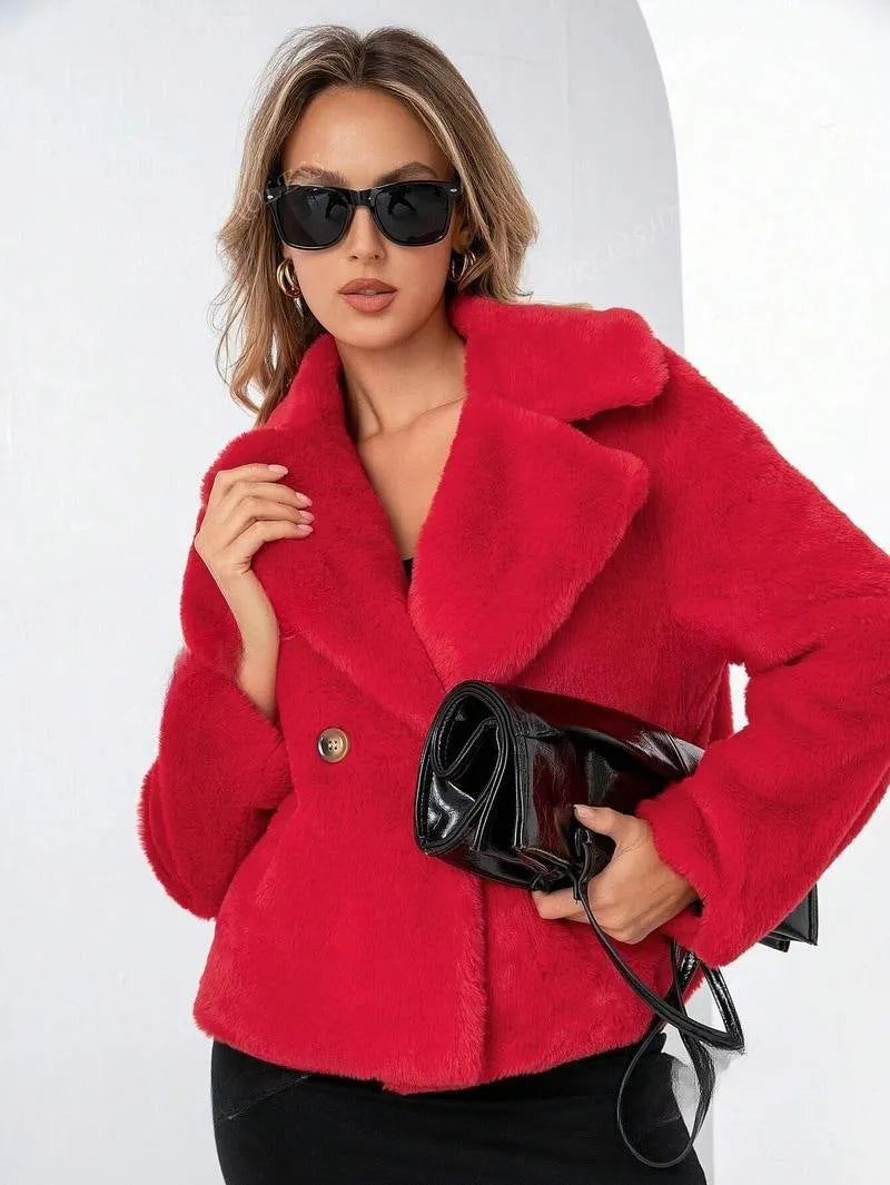 Women's loose short coat in rose red faux fur with regular sleeves, showing 50cm length.