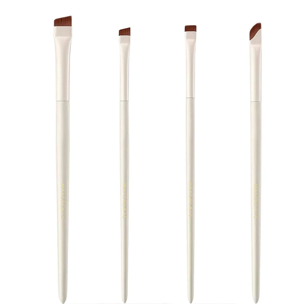 Four-piece angled eyeliner and brow brush set with ultra-thin tips and leather case for precision makeup application