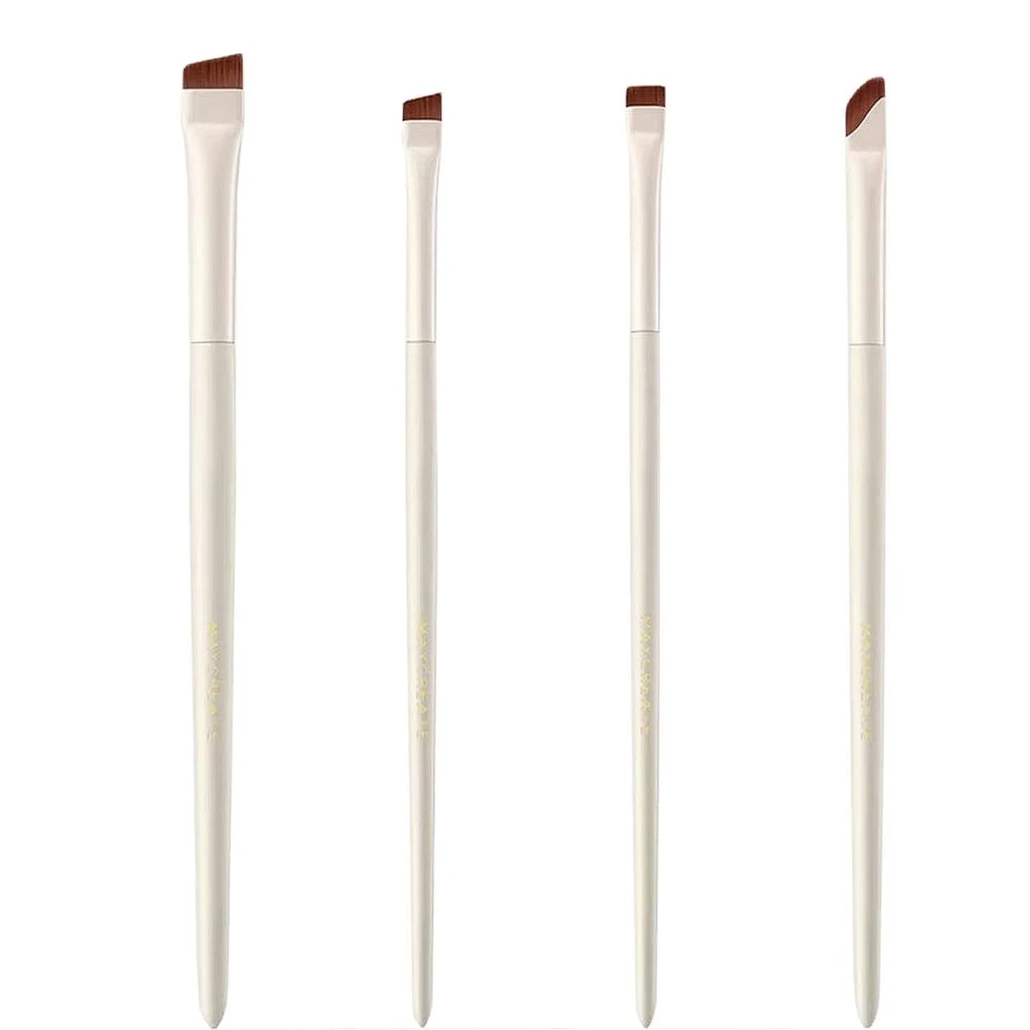 Four-piece angled eyeliner and brow brush set with ultra-thin tips and leather case for precision makeup application