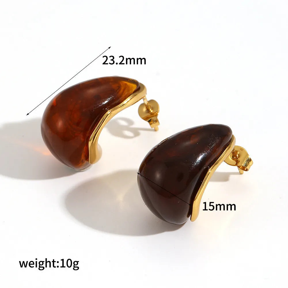 18K gold plated stainless steel hoop earring with amber resin detail, clip-on design, women's retro geometric style