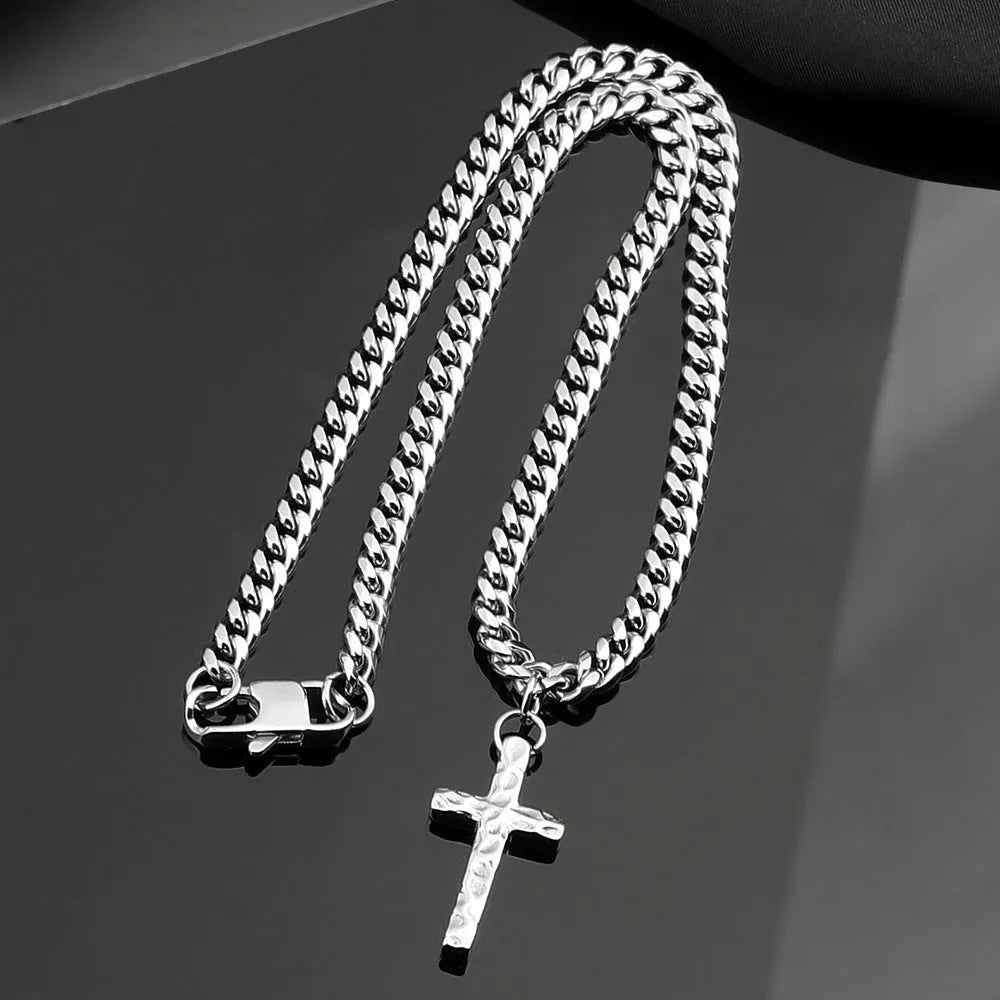 Titanium steel Cuban chain necklace in steel colour with geometric links on neutral background