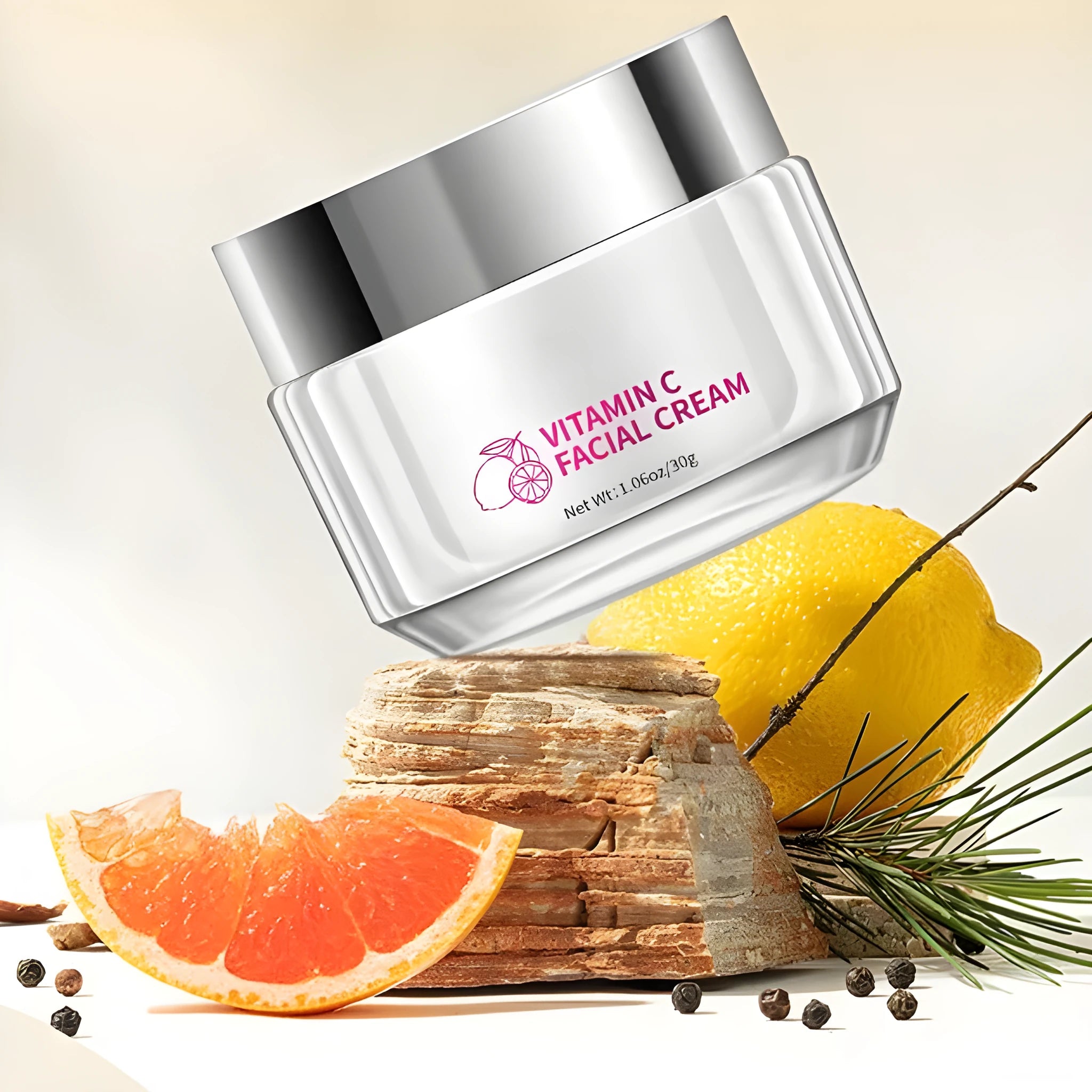 30g tub of Vitamin C face cream for all skin types on a white background.