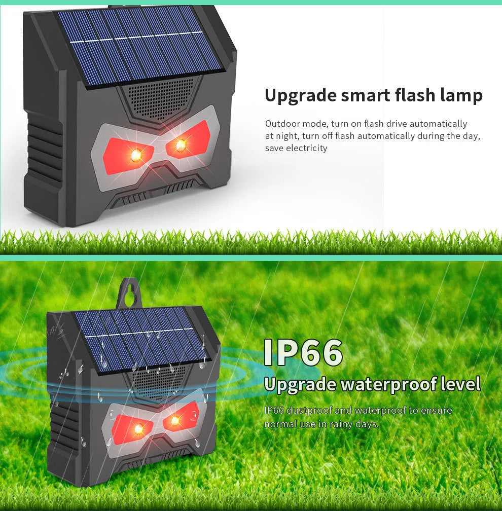 Black solar-powered outdoor ultrasonic animal repeller with charging cable