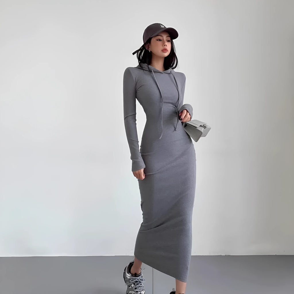 Women's grey hooded long sleeve sheath dress with high waist and knee-length cut