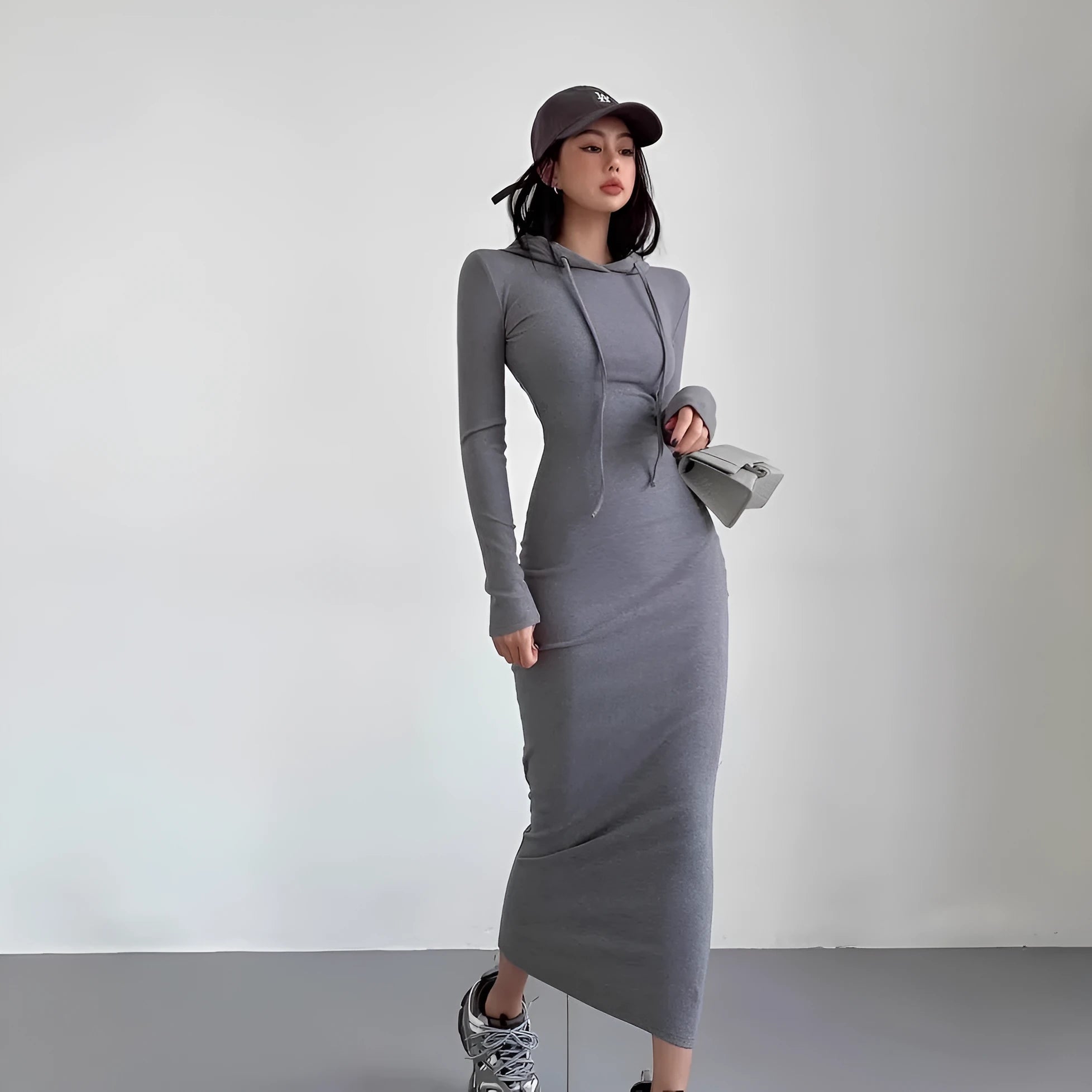 Women's grey hooded long sleeve sheath dress with high waist and knee-length cut
