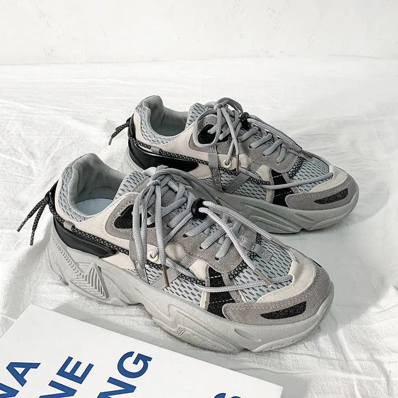 Men's Korean style platform dad shoes with lace-up front and mesh lining in white colour