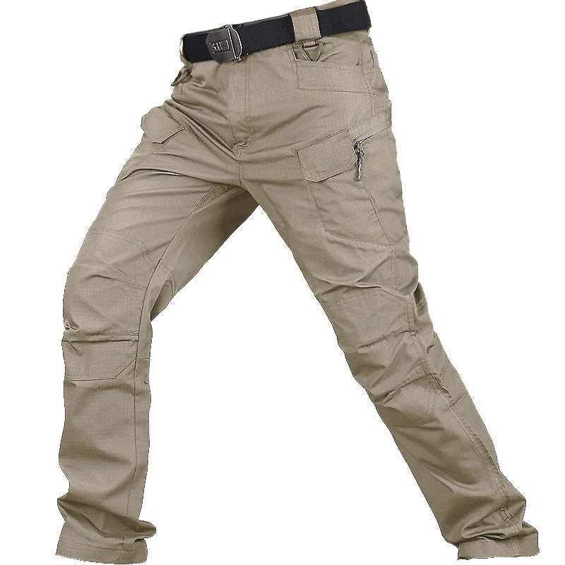 Men's solid colour training pants in khaki, made from chemical fibre blending fabric, designed for hiking and camping