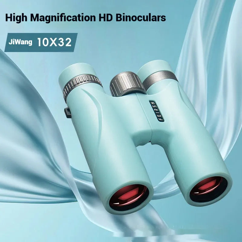 10x32 grey or blue plastic binoculars showing 112mm compact dimensions with optical specifications
