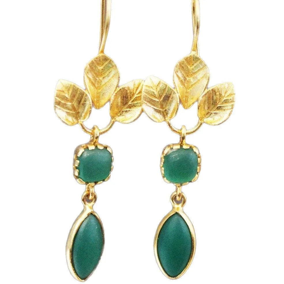 Gold drop earrings with French leaves design, zircon stones, and chain tassels