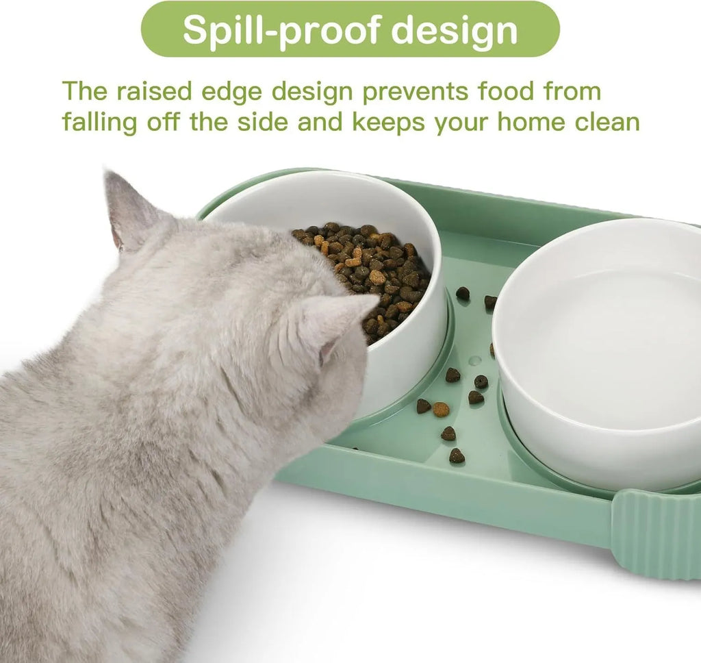 Green ceramic elevated cat bowl set with two dishes on a tilted, non-slip stand