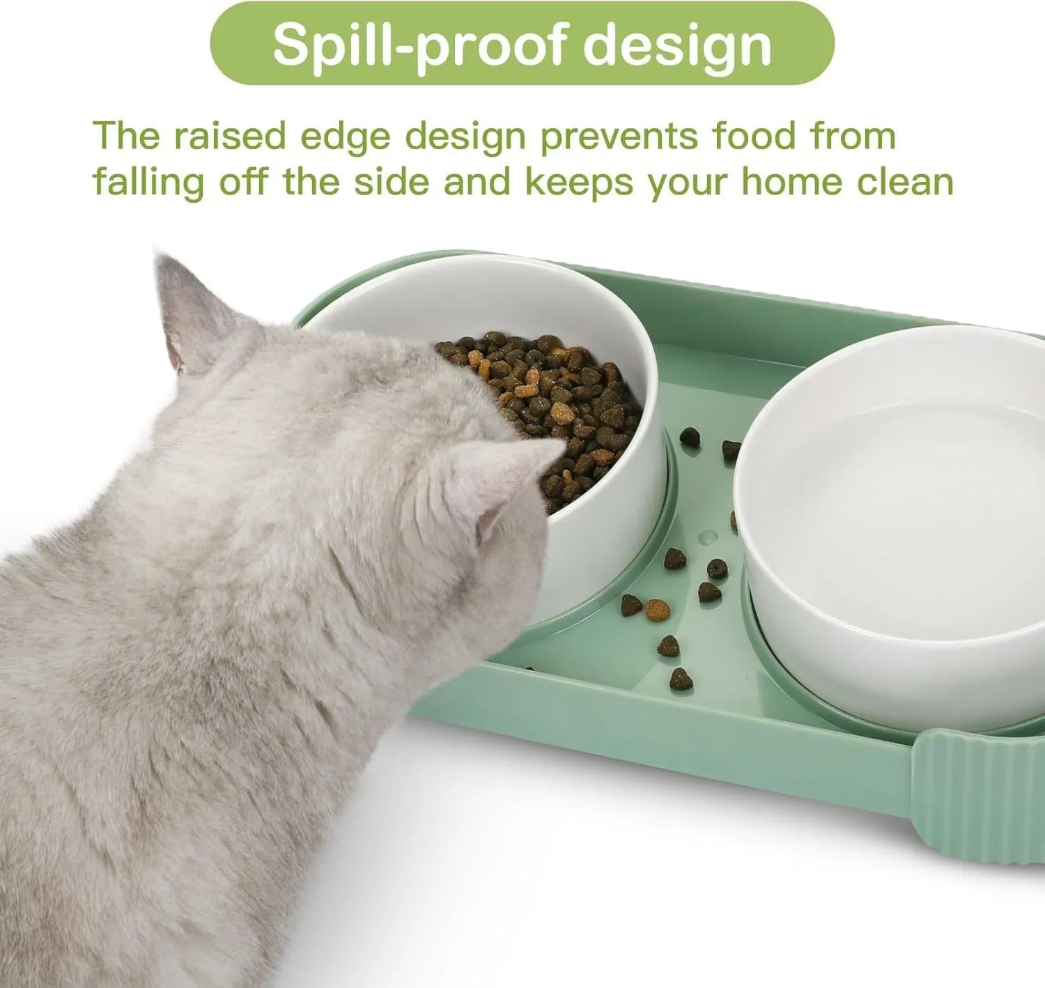 Green ceramic elevated cat bowl set with two dishes on a tilted, non-slip stand