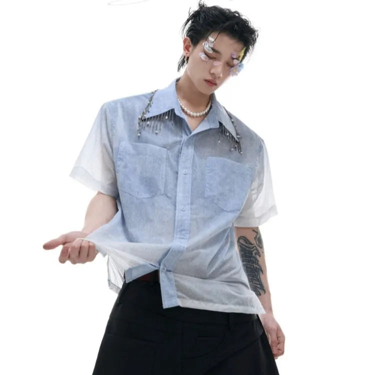 Blue gradient casual short sleeve shirt with half sleeves and loose fit