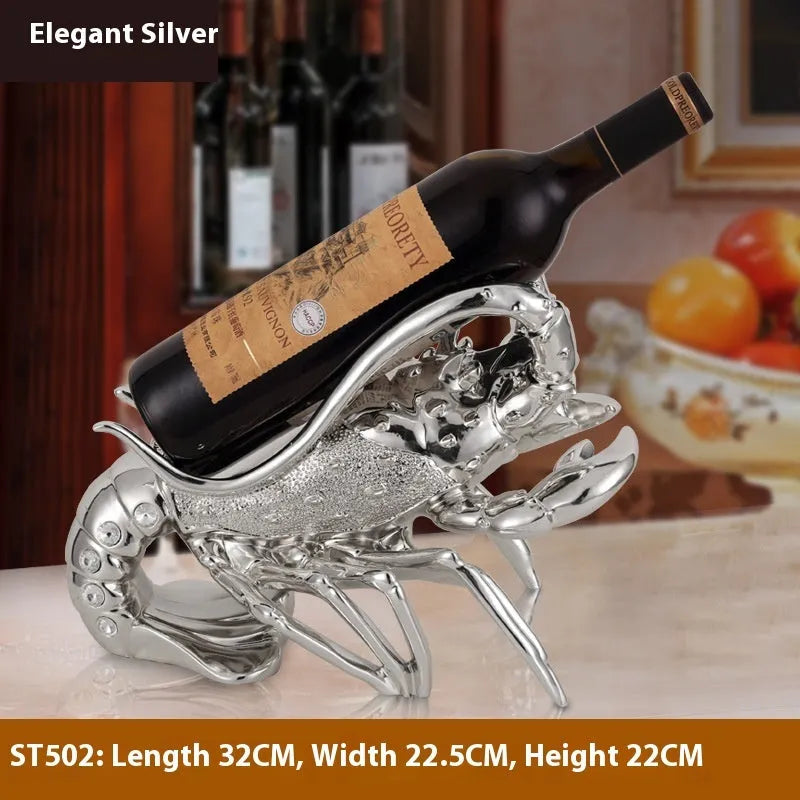 Lobster-shaped wine rack ornament in metallic finish displaying wine bottle
