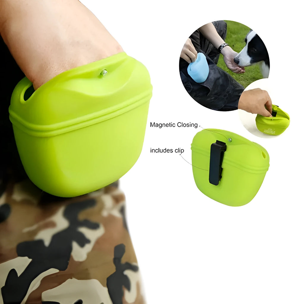 Silicone dog training treat waist bag with clip and magnetic closure in assorted colours.