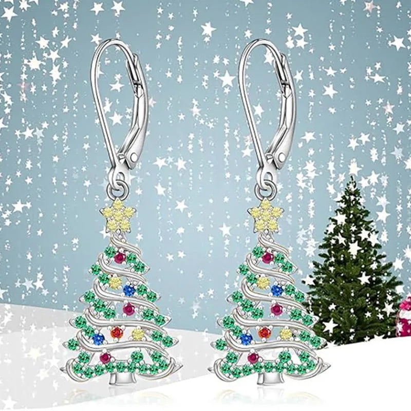 Women's Christmas tree earrings with white gold colour finish and star design elements