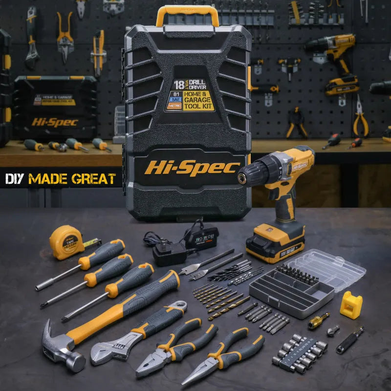 Grey yellow US style 82-piece chrome-vanadium steel tool kit for furniture installation.