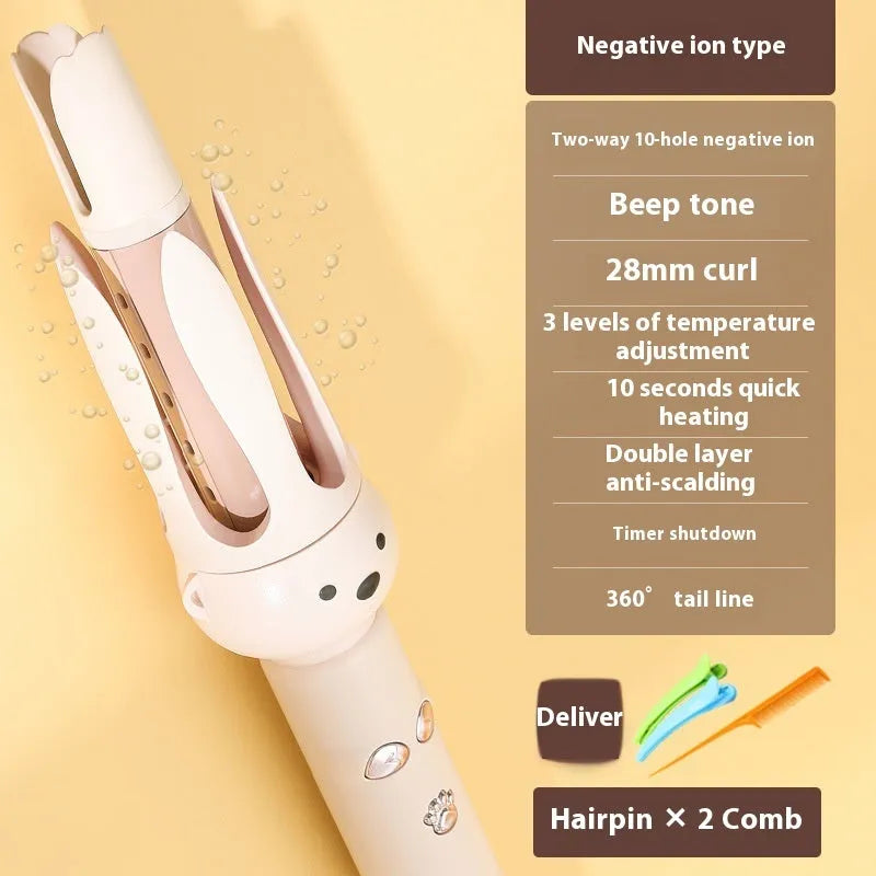 Beige automatic hair curler with negative ion technology for curly hair styling