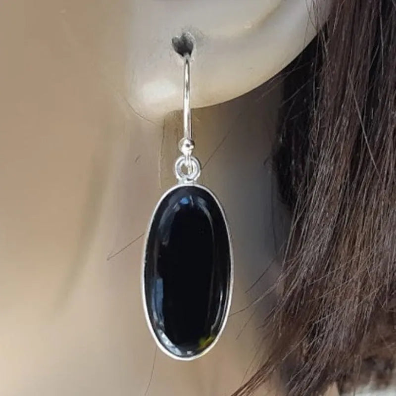 Women's black geometric earrings with oval agate pendant on 925 silver and electroplated alloy