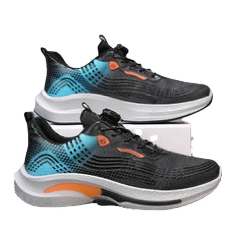 Men's white and blue mesh sneakers with a rotating buckle and rubber sole.
